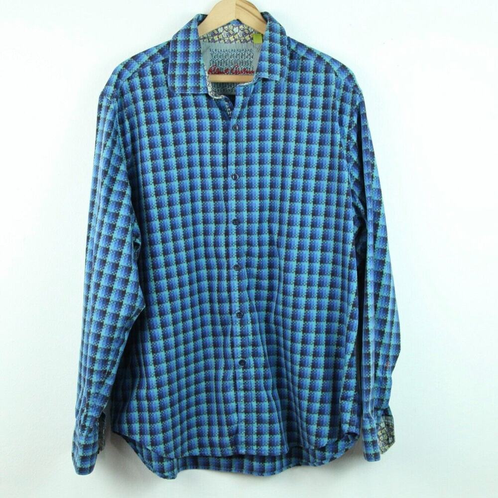 Robert Graham 2XL XXL Blue geometric Check Flip Cuff Classic Fit Cotton Shirt